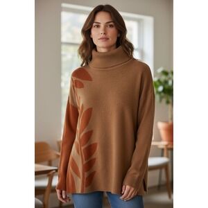 Wynne Collection Women's Brown Leaf Print Turtleneck Knit Sweater Size Medium